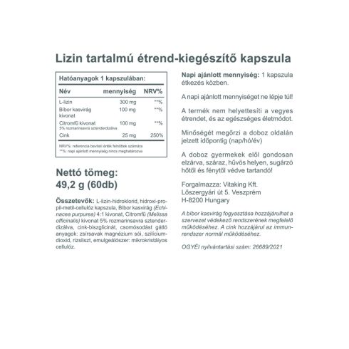 L-Lizin Komplex cinkkel, citromfűvel és echinaceával - 60db - collagen.hu